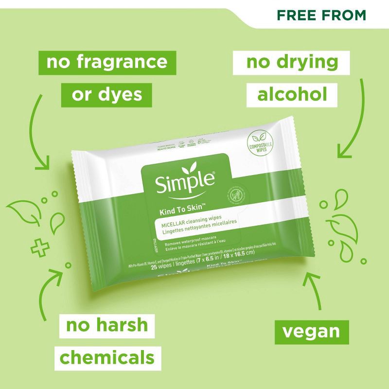 slide 5 of 10, Unscented Simple Kind to Skin Micellar Makeup Remover Wipes - 25ct, 25 ct