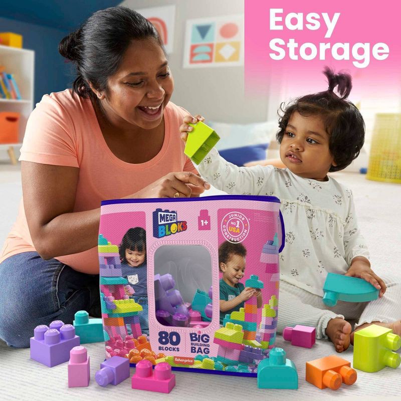 slide 6 of 6, MEGA BLOKS Fisher-Price Toy Blocks Pink Big Building Bag with Storage 80pc, 80 ct