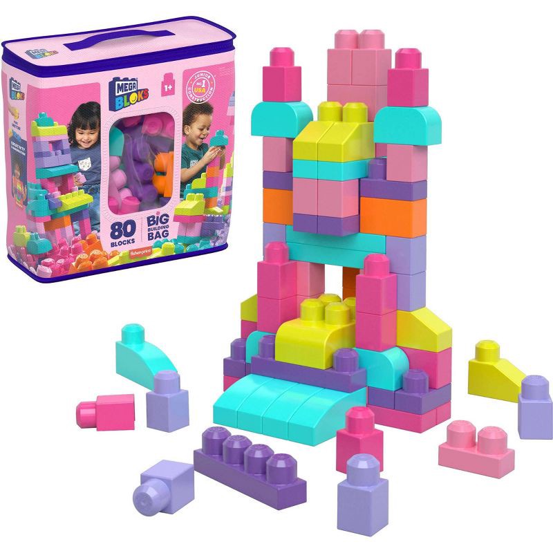 slide 1 of 6, MEGA BLOKS Fisher-Price Toy Blocks Pink Big Building Bag with Storage 80pc, 80 ct