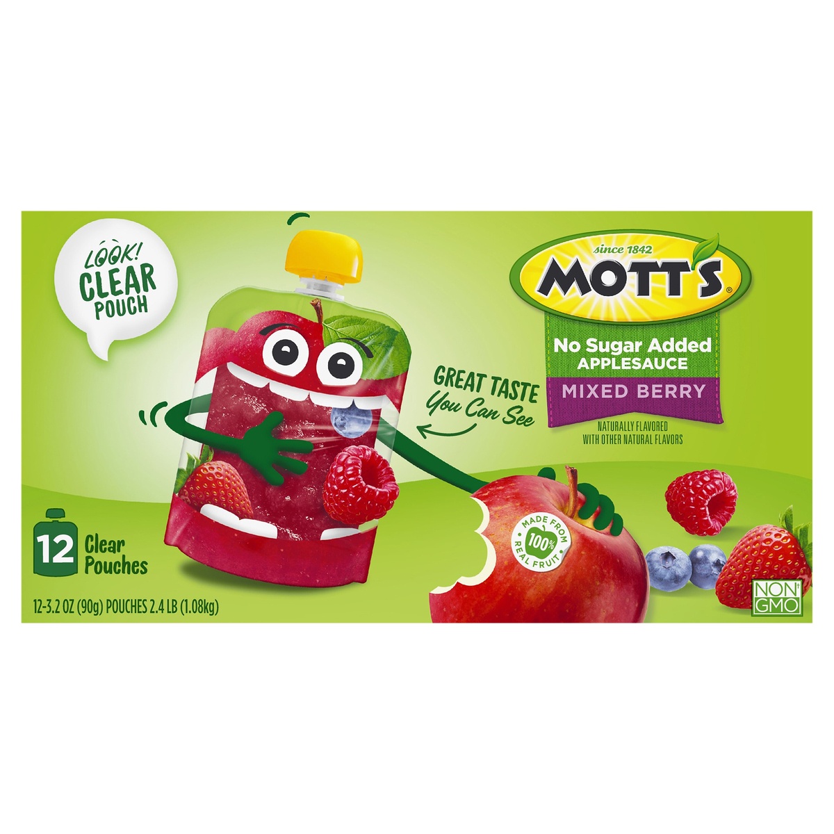 slide 1 of 1, Mott's No Sugar Added Mixed Berry Applesauce, 3.2 oz clear pouches, 12 pack, 12 x 3.2 oz