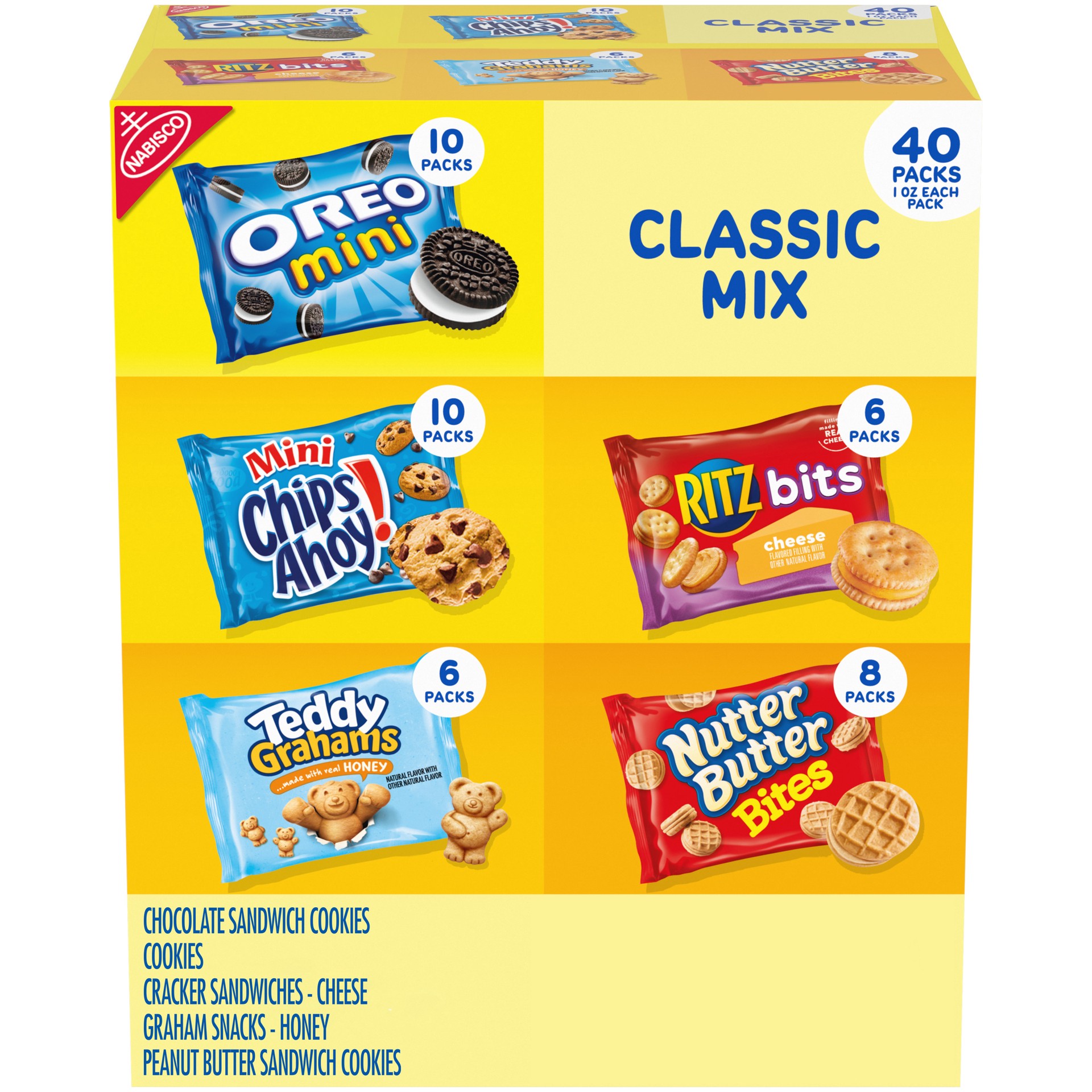 slide 1 of 14, Mixed Brand Nabisco Classic Mix Variety Pack, OREO Mini, CHIPS AHOY! Mini, RITZ Bits, Nutter Butter Bites, Teddy Grahams Honey - 40 Snack Packs, 40 ct