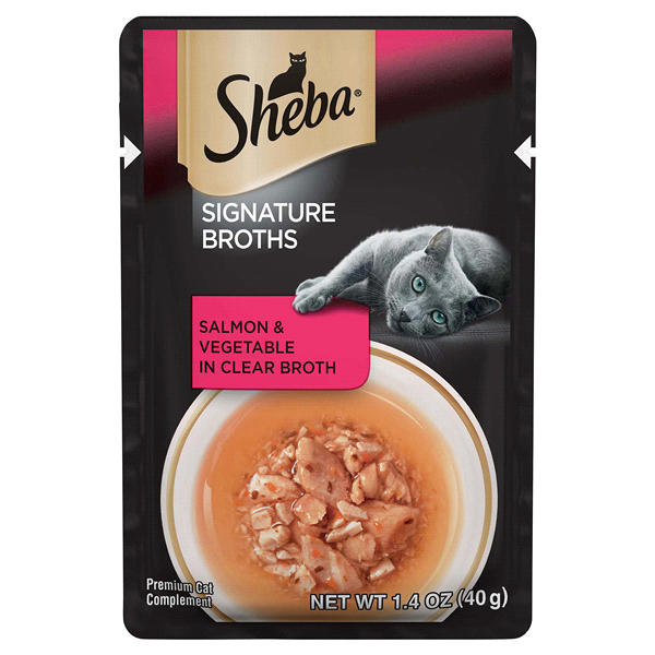 slide 1 of 1, Sheba Signature Broths Salmon & Vegetable in Clear Broth Pouch Wet Meal Complement for Cat Food, 1.4 oz