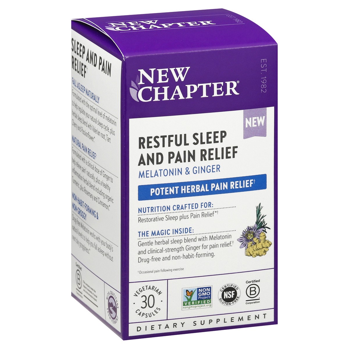slide 7 of 9, New Chapter Melatonin & Ginger Vegetarian Capsules Restful Sleep and Pain Relief 30 ea, 30 ct