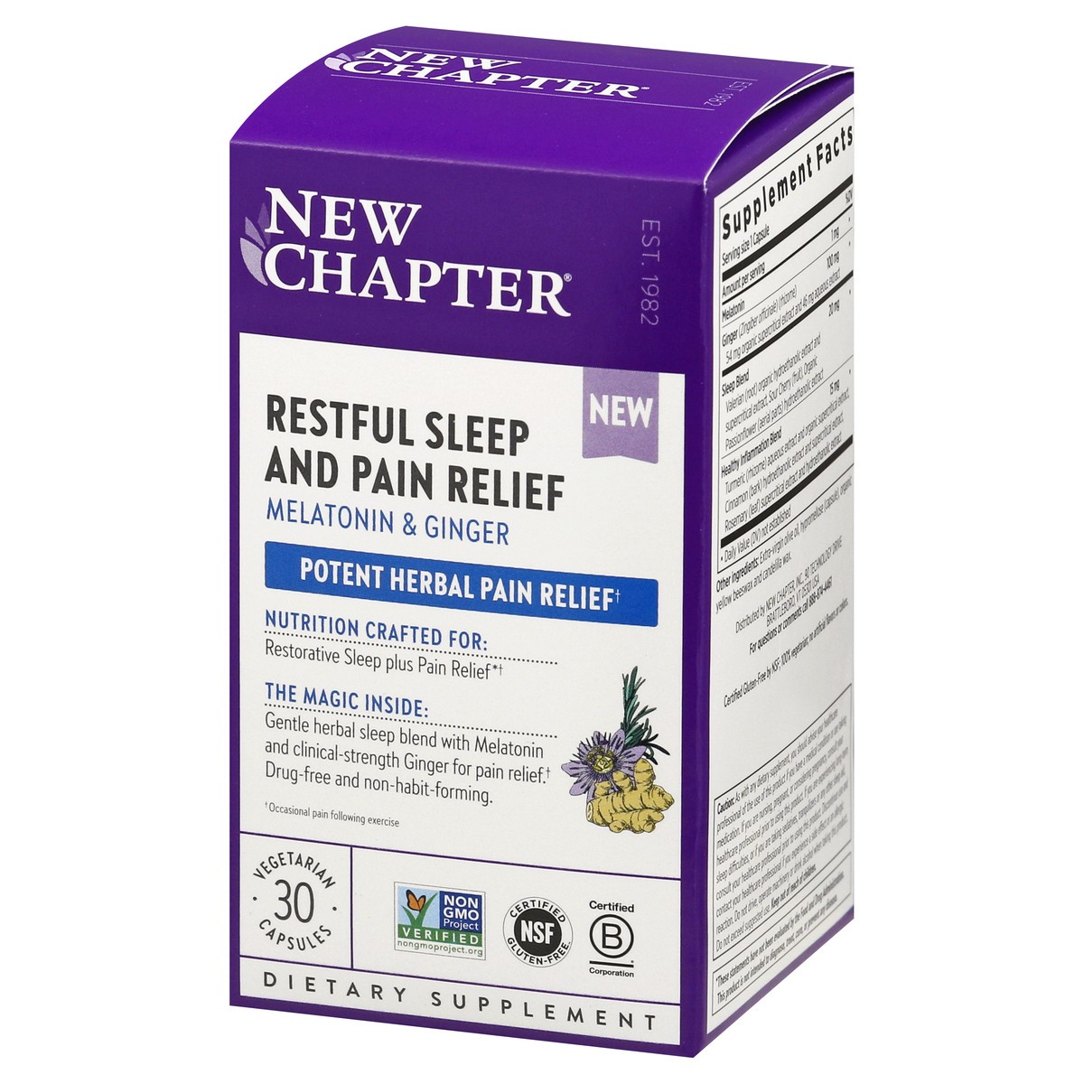 slide 3 of 9, New Chapter Melatonin & Ginger Vegetarian Capsules Restful Sleep and Pain Relief 30 ea, 30 ct