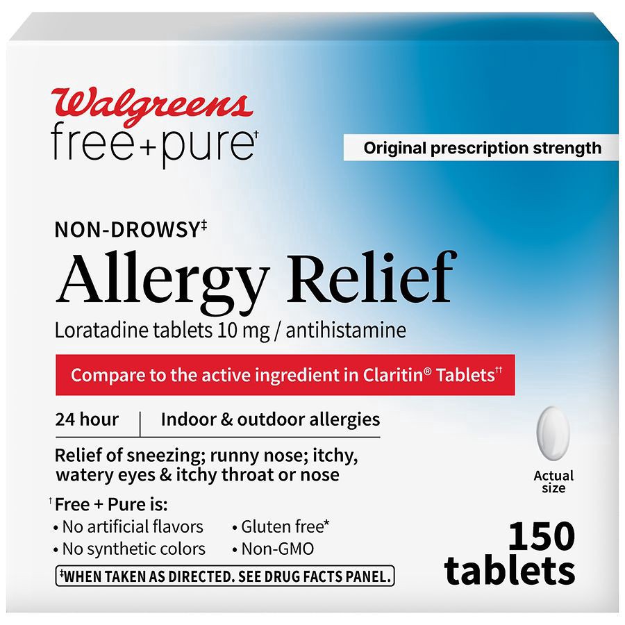 slide 1 of 5, Walgreens Free & Pure 24 Hour Allergy Relief Loratadine Dye-Free Tablets, 20 ct
