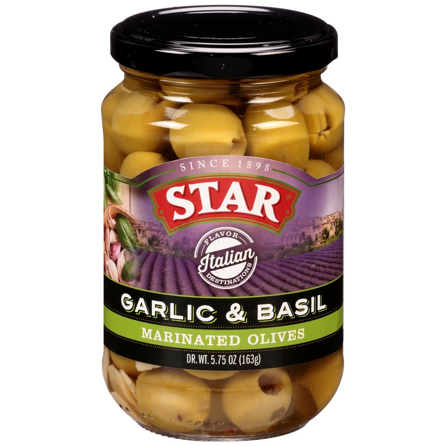 slide 1 of 6, STAR Garlic & Basil Marinated Olives, 5.75 oz