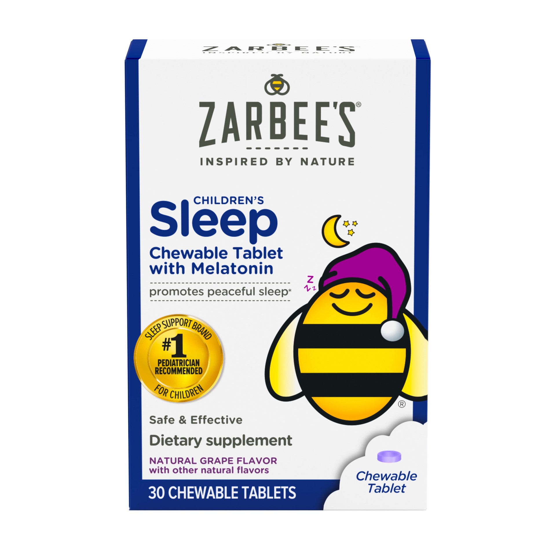 slide 1 of 4, Zarbee's Naturals Kids 1mg Melatonin Chewable Tablet, Drug-Free & Effective Sleep Supplement, Easy to Take Natural Grape Flavor Tablets for Children Ages 3 and Up, 30 Count, 30 ct