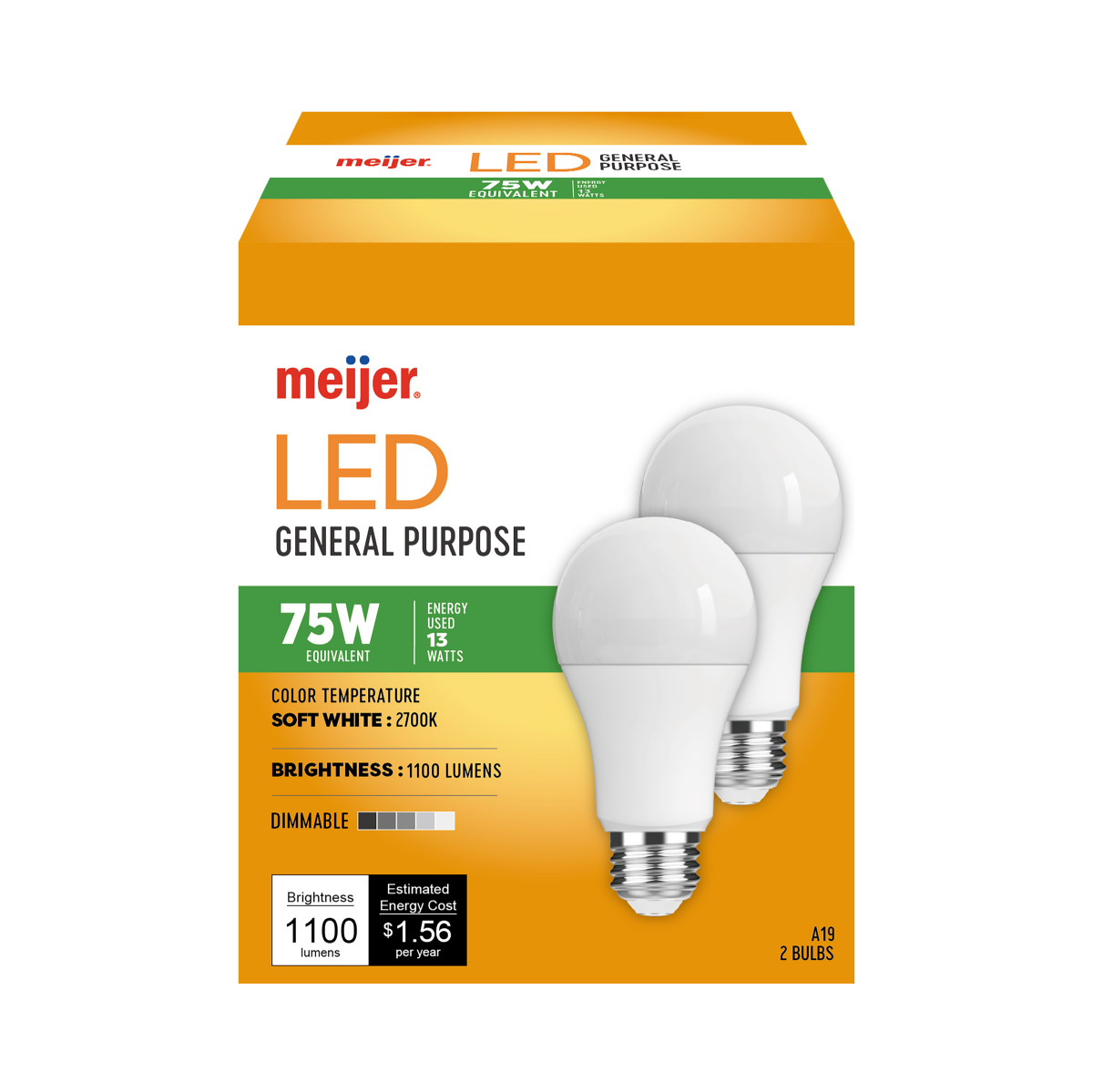 slide 1 of 1, Meijer Dimmable LED 13W A19 Soft White 2700K Light Bulb, 2 ct, 2 ct