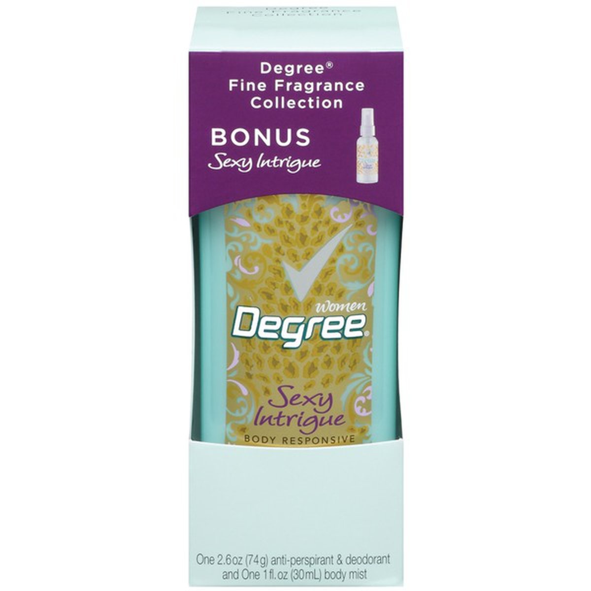 slide 1 of 1, Degree Fine Fragrance Collection Sexy Intrigue & Bonus Body Mist Anti-Perspirant & Deodorant, 2.6 oz