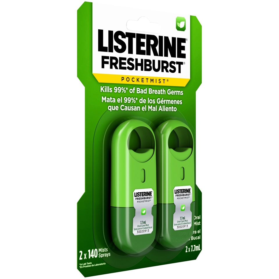 slide 2 of 6, LISTERINE FRESHBURST POCKETMIST Oral Care Mist, 2 Pack, 15.40 mL