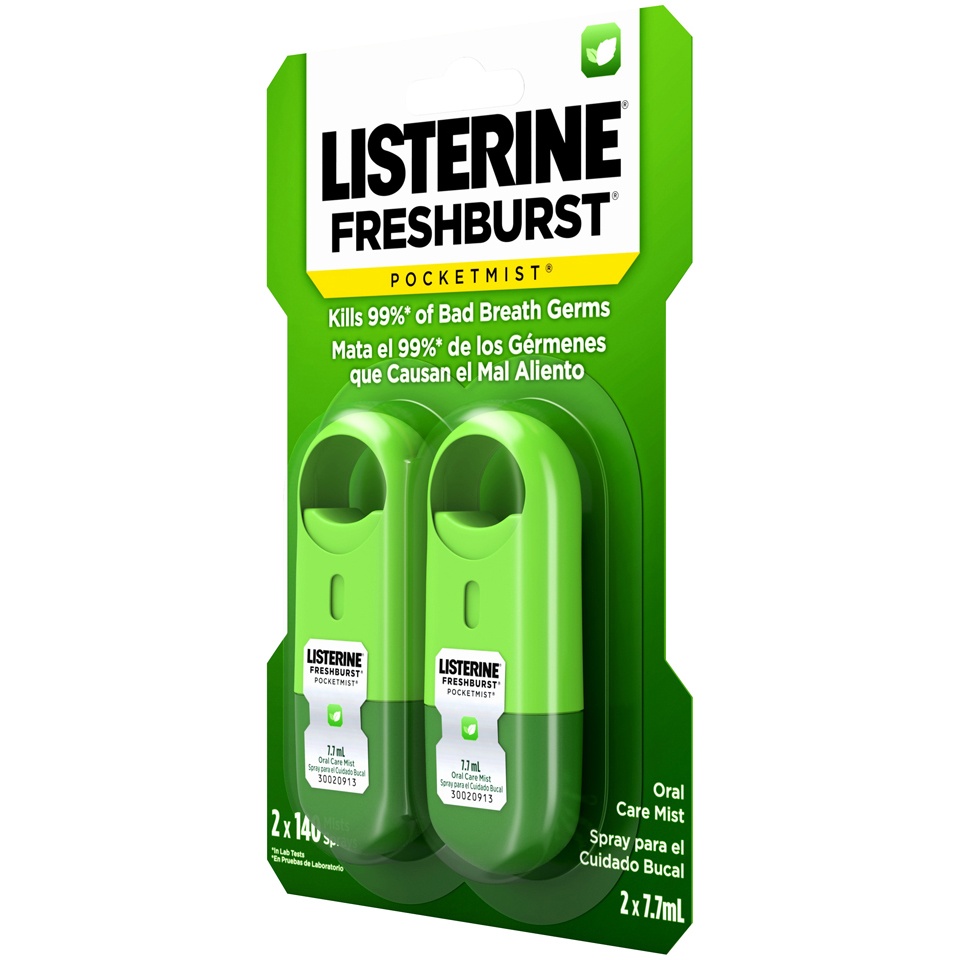 slide 3 of 6, LISTERINE FRESHBURST POCKETMIST Oral Care Mist, 2 Pack, 15.40 mL