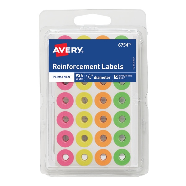 slide 1 of 1, Avery Neon Permanent Adhesive Reinforcement Labels, 6754, 924 ct; 1/4 in