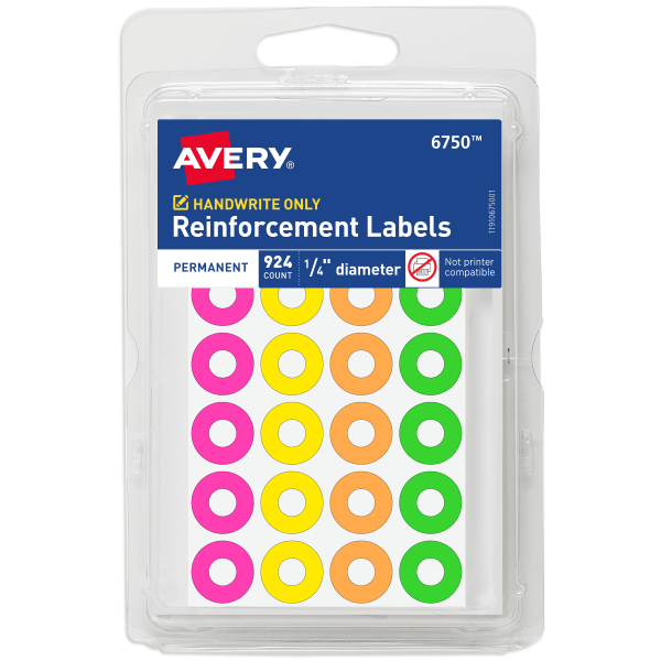 slide 1 of 2, Avery Neon Permanent Adhesive Reinforcement Labels, 6754, 924 ct; 1/4 in