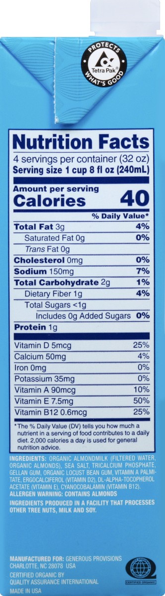 slide 3 of 8, Generous Provisions Organic Unsweetened Original Almond Milk, 32 fl oz