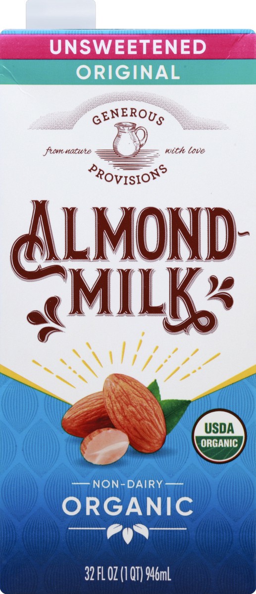 slide 2 of 8, Generous Provisions Organic Unsweetened Original Almond Milk, 32 fl oz