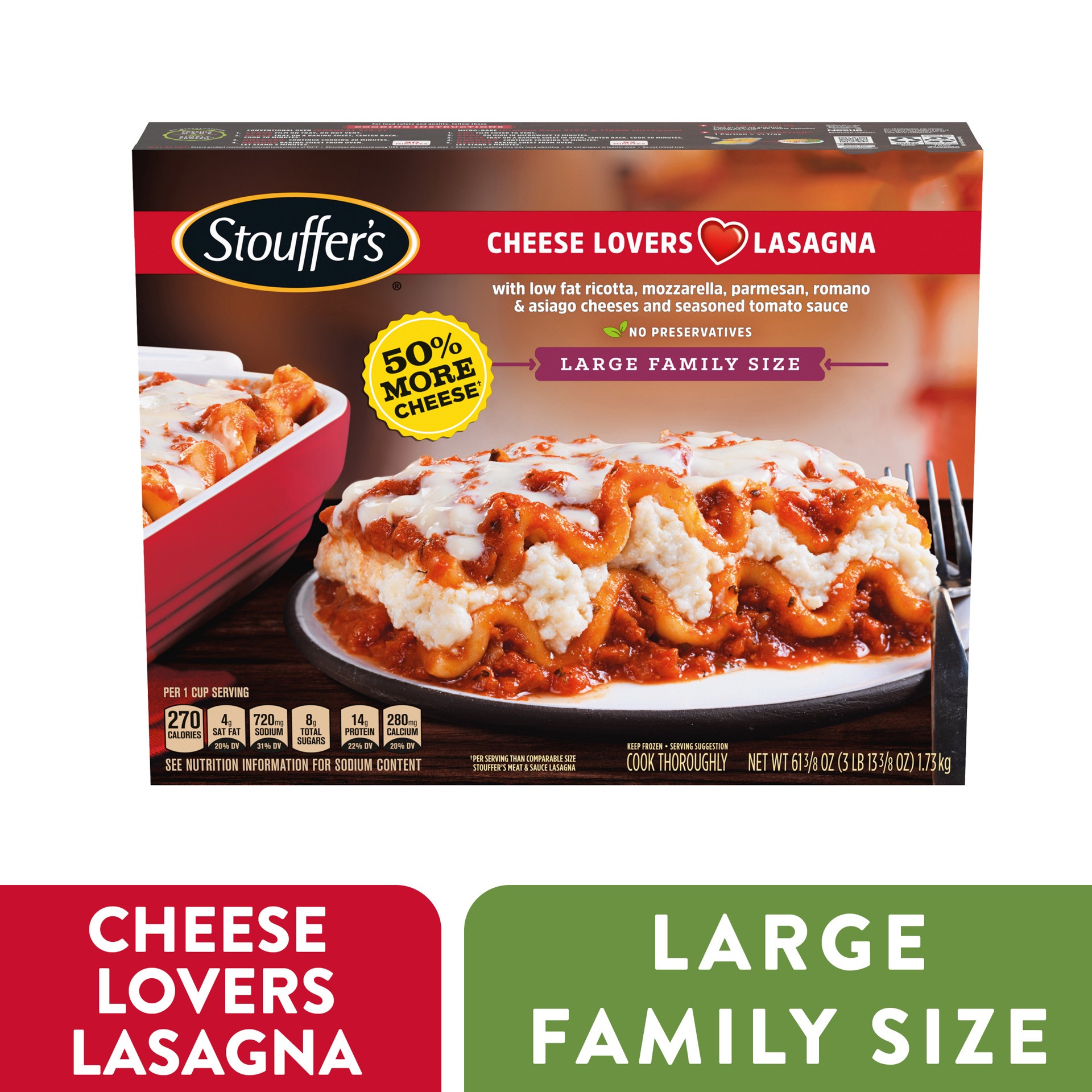 slide 1 of 13, Stouffer's Large Family Size Cheese Lovers Lasagna Frozen Meal, 61.38 oz