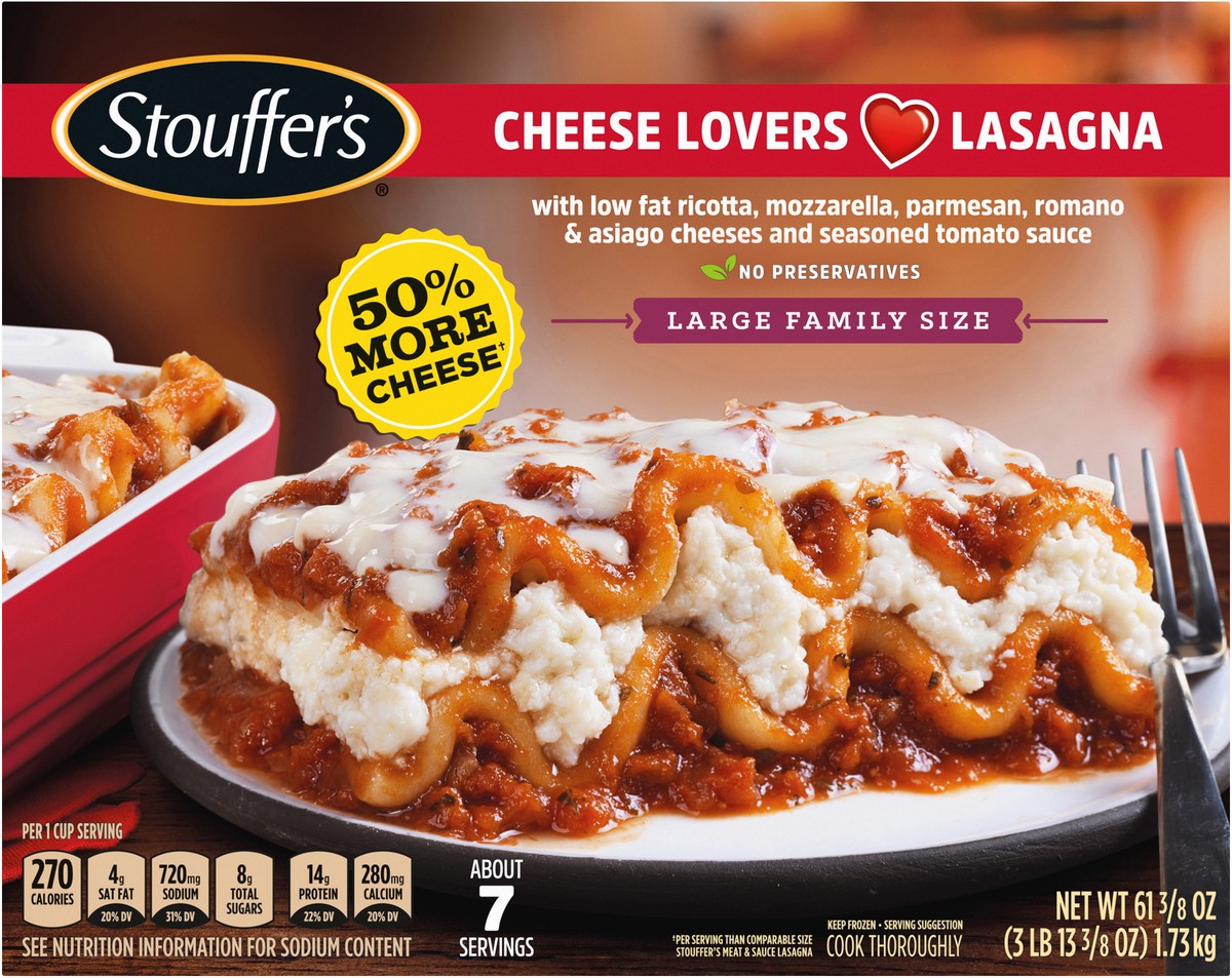 slide 10 of 13, Stouffer's Large Family Size Cheese Lovers Lasagna Frozen Meal, 61.38 oz