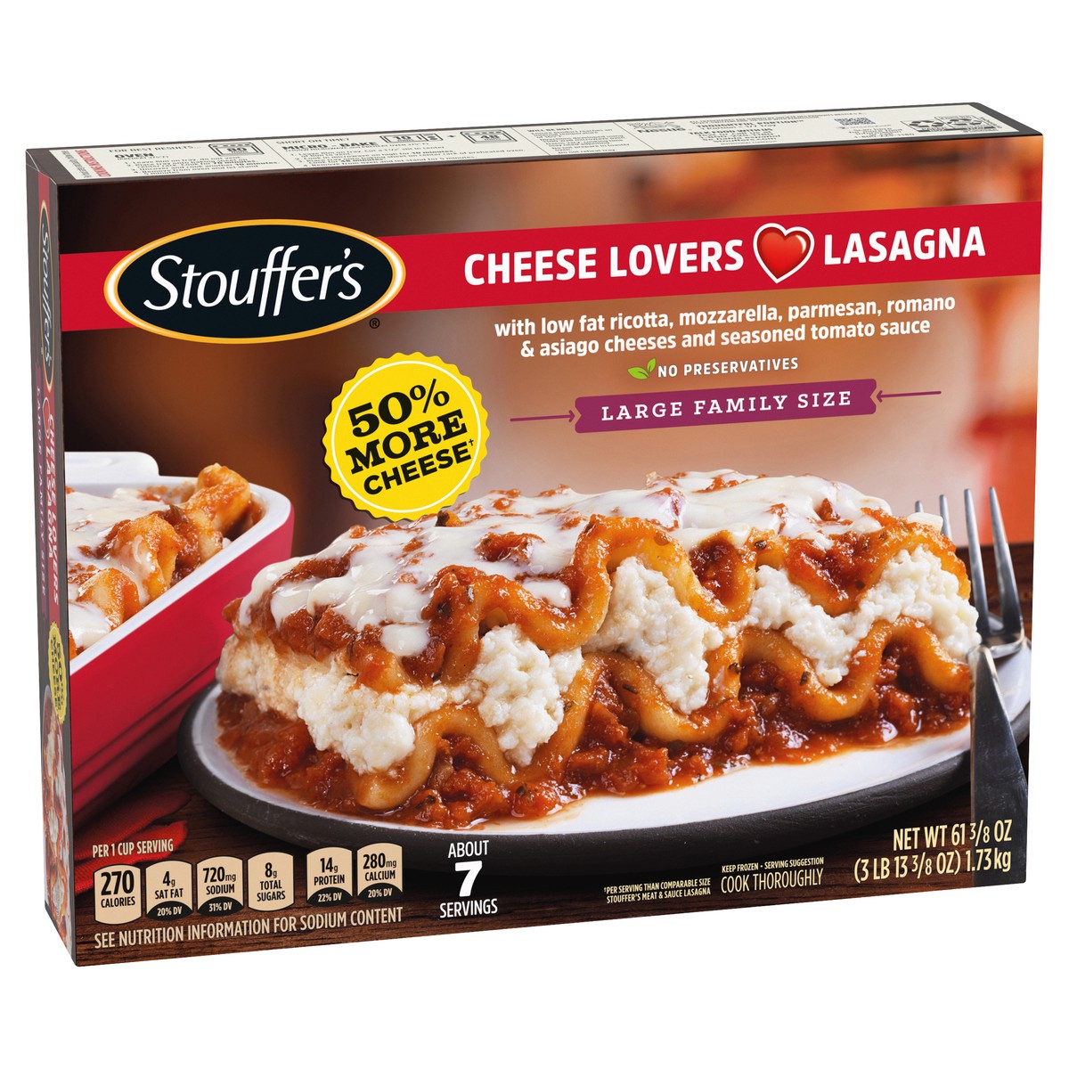 slide 1 of 13, STOUFFER'S Large Family Size Cheese Lovers Lasagna Frozen Entrée 61.375oz Box, 61.38 oz