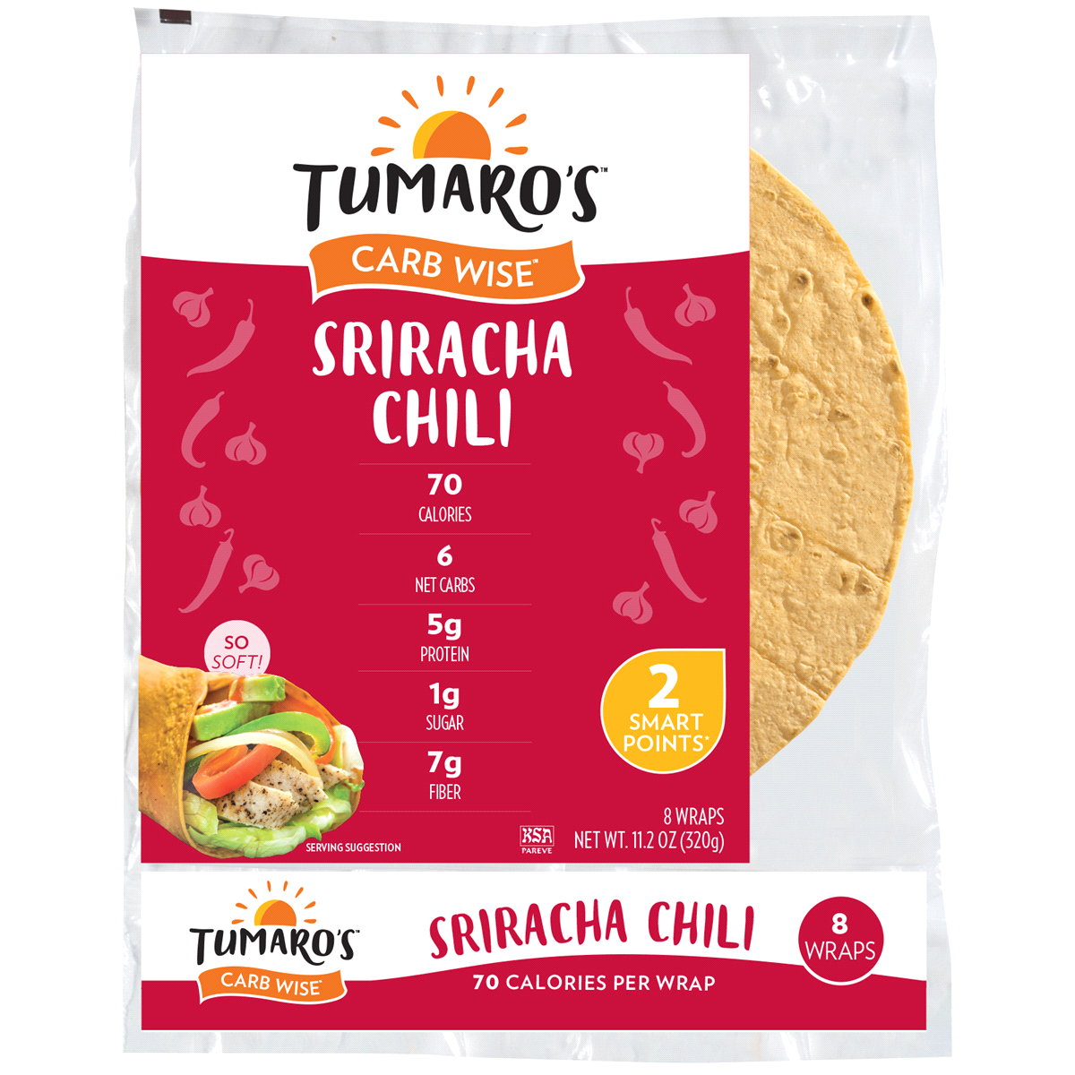 slide 1 of 1, Tumaro's 8" Sriracha Chili Carb Wise Wraps, 11.2 oz