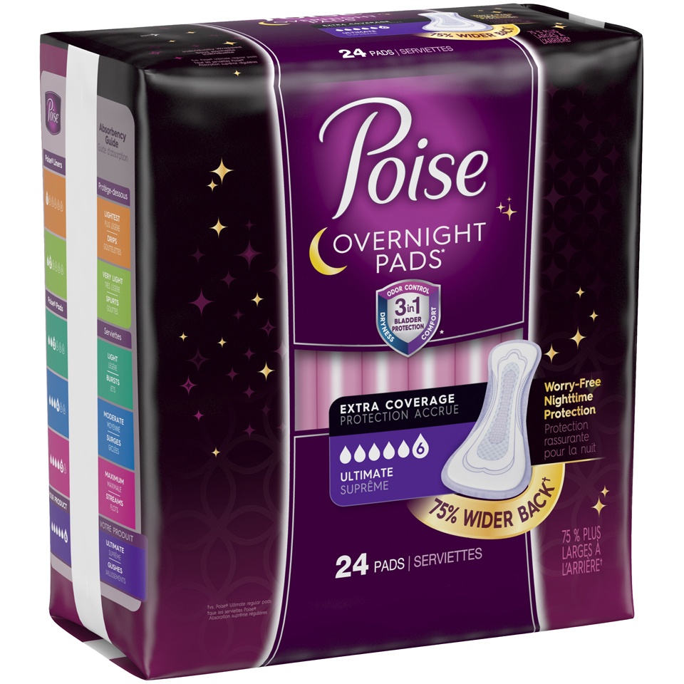 slide 2 of 3, Poise Overnight Pad, Ultimate Absorbency, Extra Coverage, 24 ct