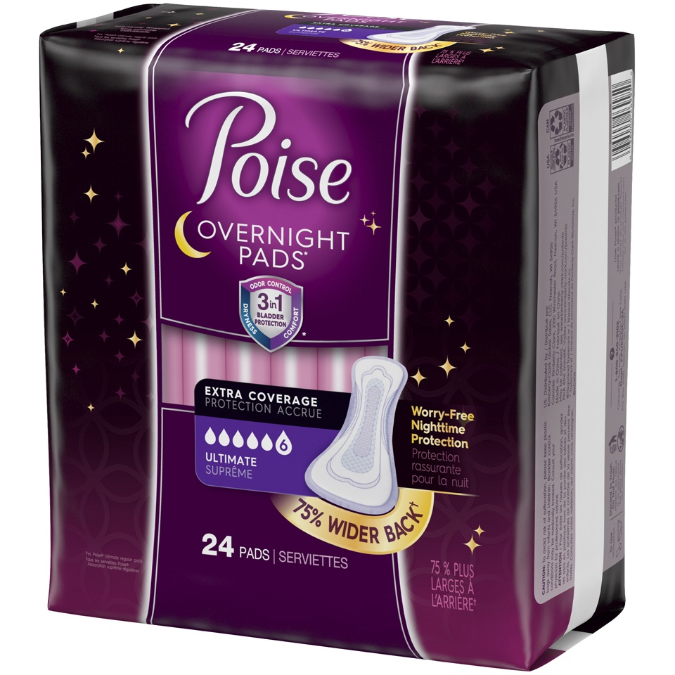 slide 3 of 3, Poise Overnight Pad, Ultimate Absorbency, Extra Coverage, 24 ct