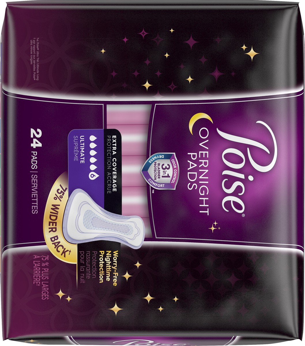slide 4 of 9, Poise Extra Coverage Overnight Ultimate Pads 24 Pads, 24 ct