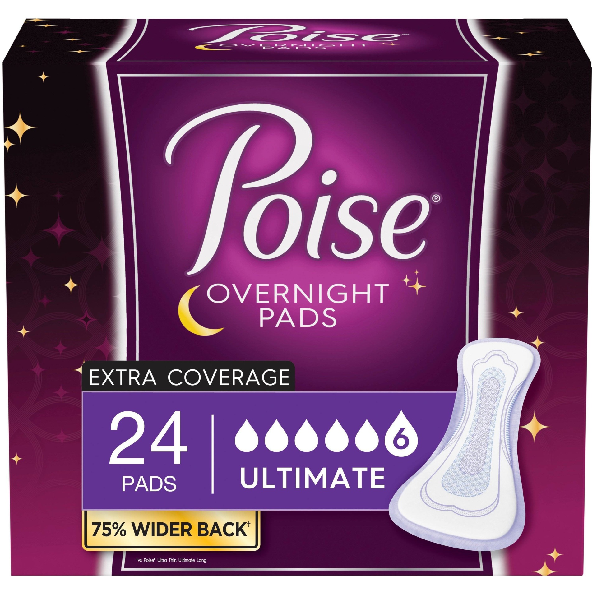 slide 1 of 3, Poise Overnight Pad, Ultimate Absorbency, Extra Coverage, 24 ct