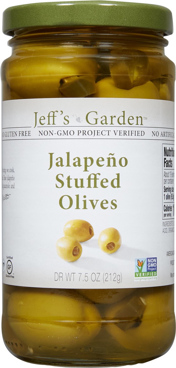 slide 2 of 7, Jeff's Garden Jalapeño Stuffed Olives 7.5 oz Dr. Wt., 7.5 oz