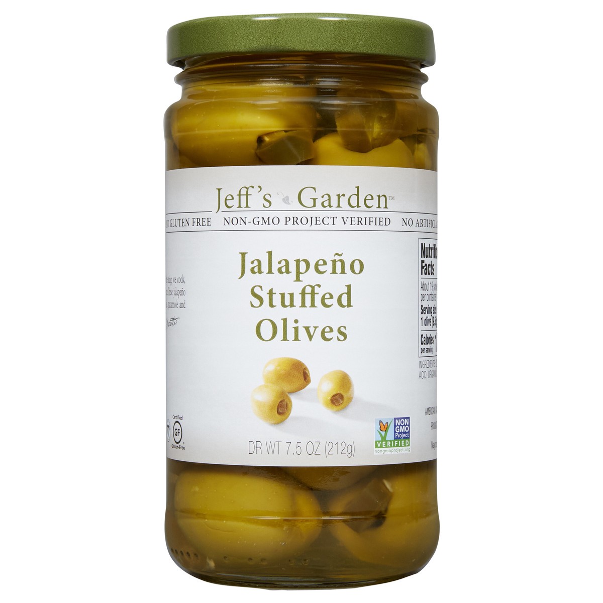 slide 1 of 7, Jeff's Garden Jeff's Naturals Jalapeno Stuffed Olives, 7.5 oz