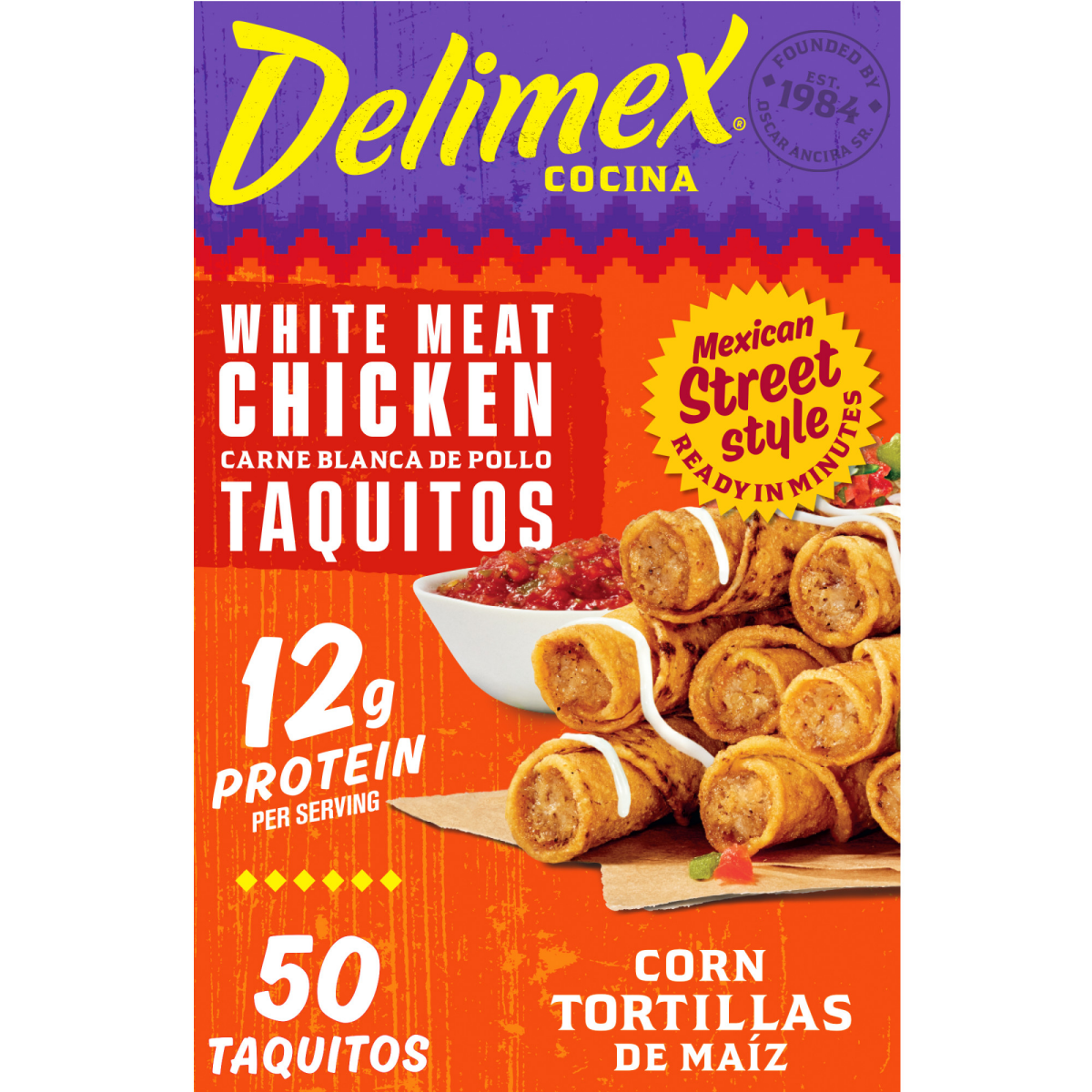 slide 1 of 8, Delimex White Meat Chicken Taquitos Frozen Snacks, 50 ct Box, 50 oz