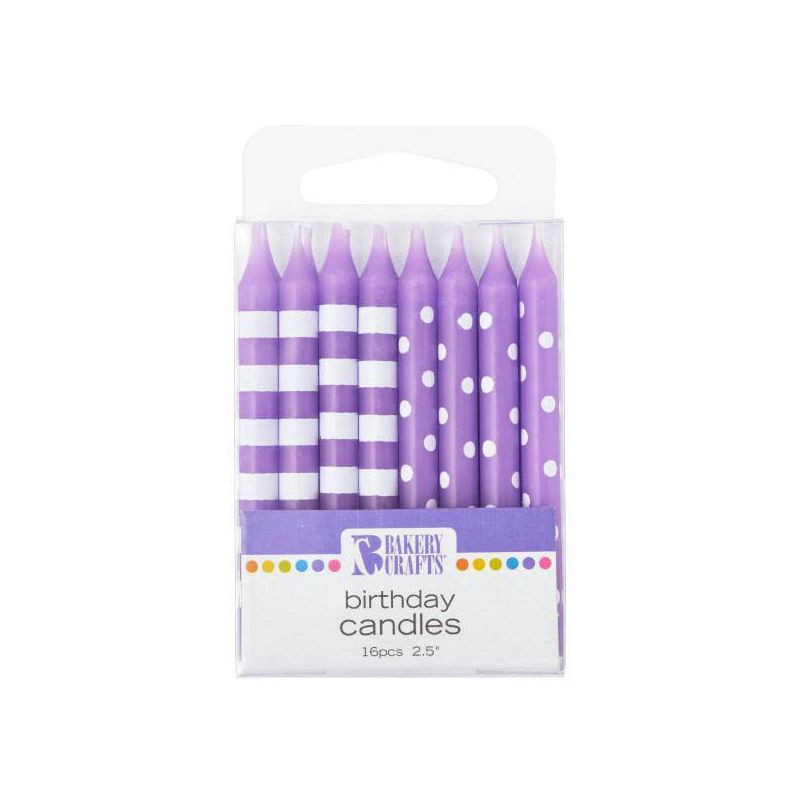 slide 1 of 1, Bakery Crafts 2.5" Candles Stripes & Dots Purple - 16ct, 16 ct