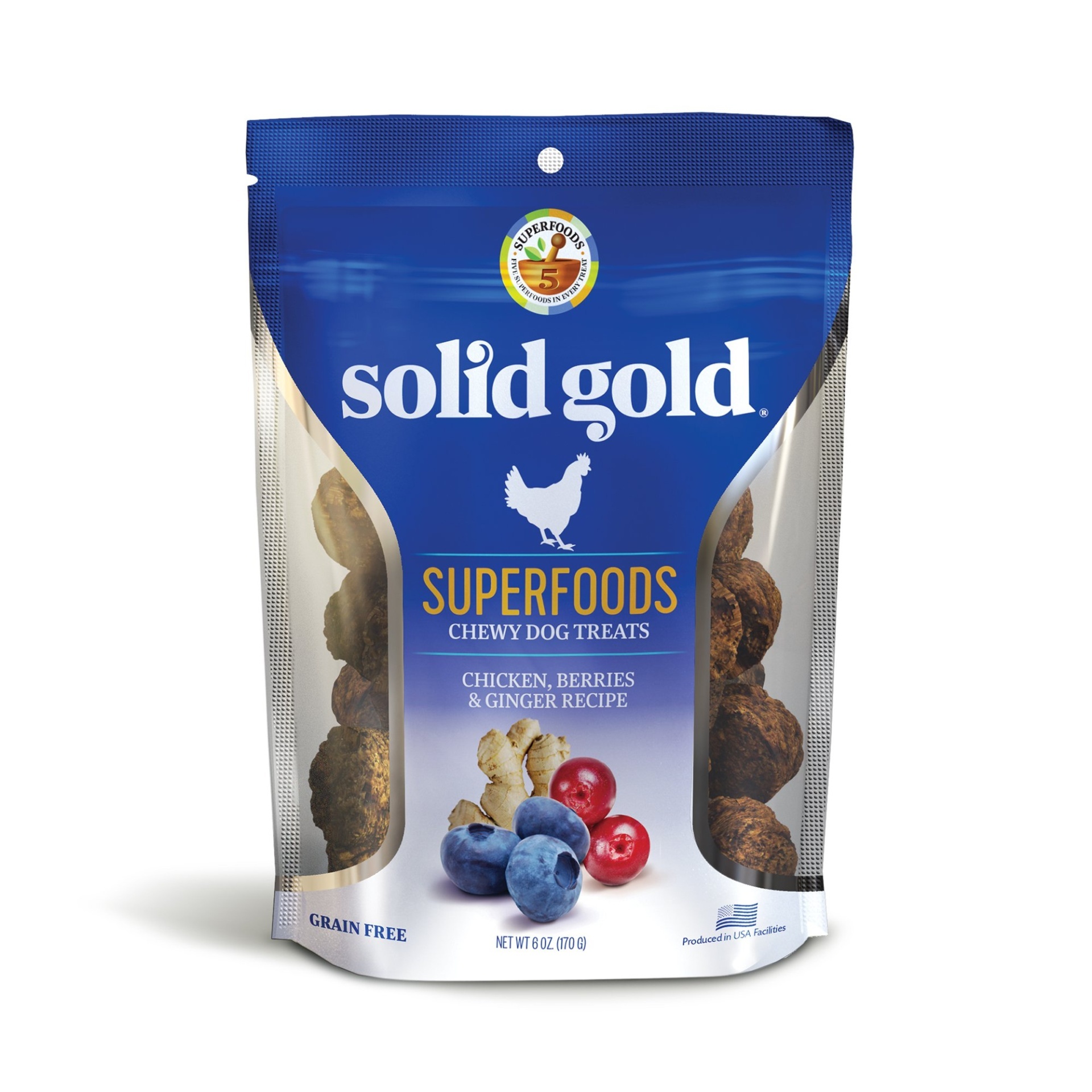 slide 1 of 1, Solid Gold Grain Free Chicken, Berries & Ginger Natural Chewy Dog Treats, 6 oz