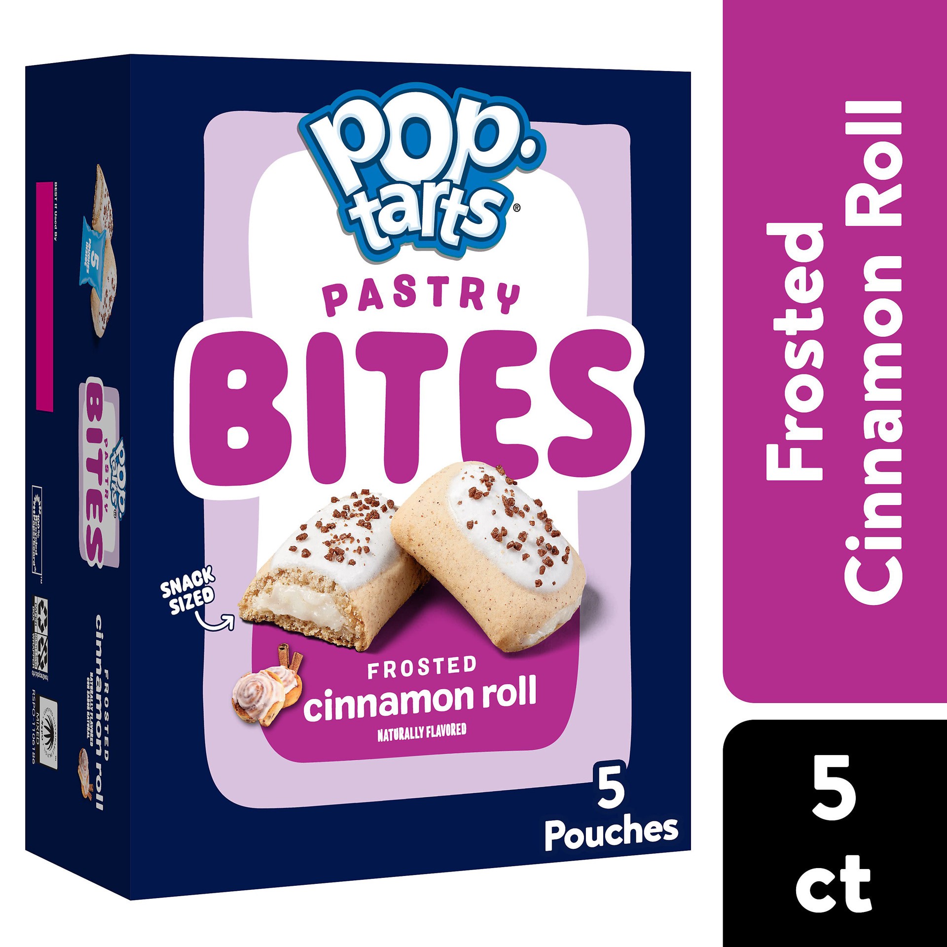 slide 1 of 5, Pop-Tarts Baked Pastry Bites, Kids Snacks, School Lunch, Frosted Cinnamon Roll, 7oz Box, 5 Pouches, 7 oz