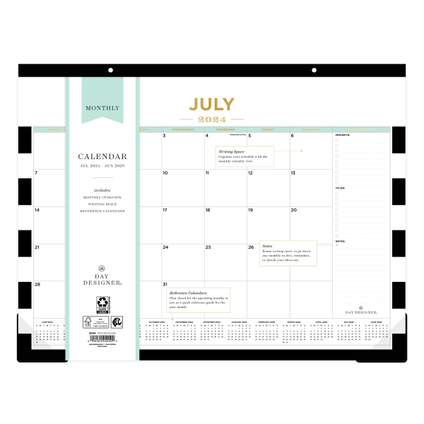 slide 2 of 2, Blue Sky 2024-2025 Day Designer Rugby Stripe Academic Monthly Desk Pad Planning Calendar, 22"" X 17"", Black, July To June, 1 ct