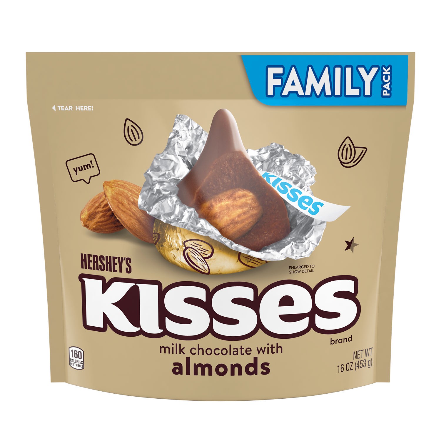 slide 1 of 8, Hershey's KISSES Milk Chocolate with Almonds Candy Family Pack, 16 oz, 16 oz