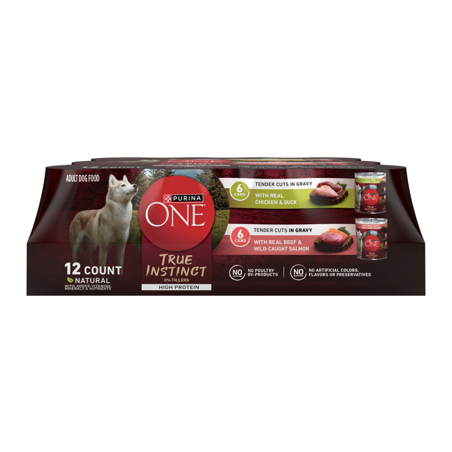 slide 1 of 7, Purina ONE True Instinct Tender Cuts in Gravy With Real Chicken and Duck, With Real Beef and Salmon High Protein Wet Dog Food Variety Pack - (12) 13 oz. Cans, 12 ct