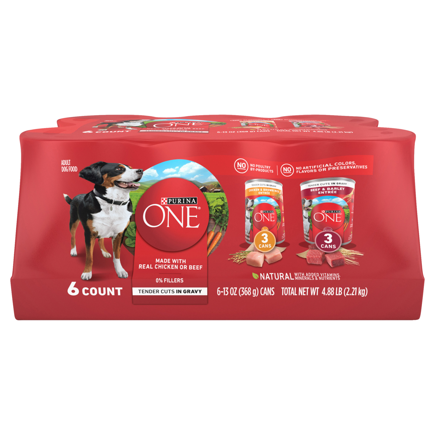 slide 1 of 5, Purina ONE Tender Cuts in Gravy Chicken and Brown Rice, and Beef and Barley Entrees Wet Dog Food Variety Pack - (6) 13 oz. Cans, 6 ct