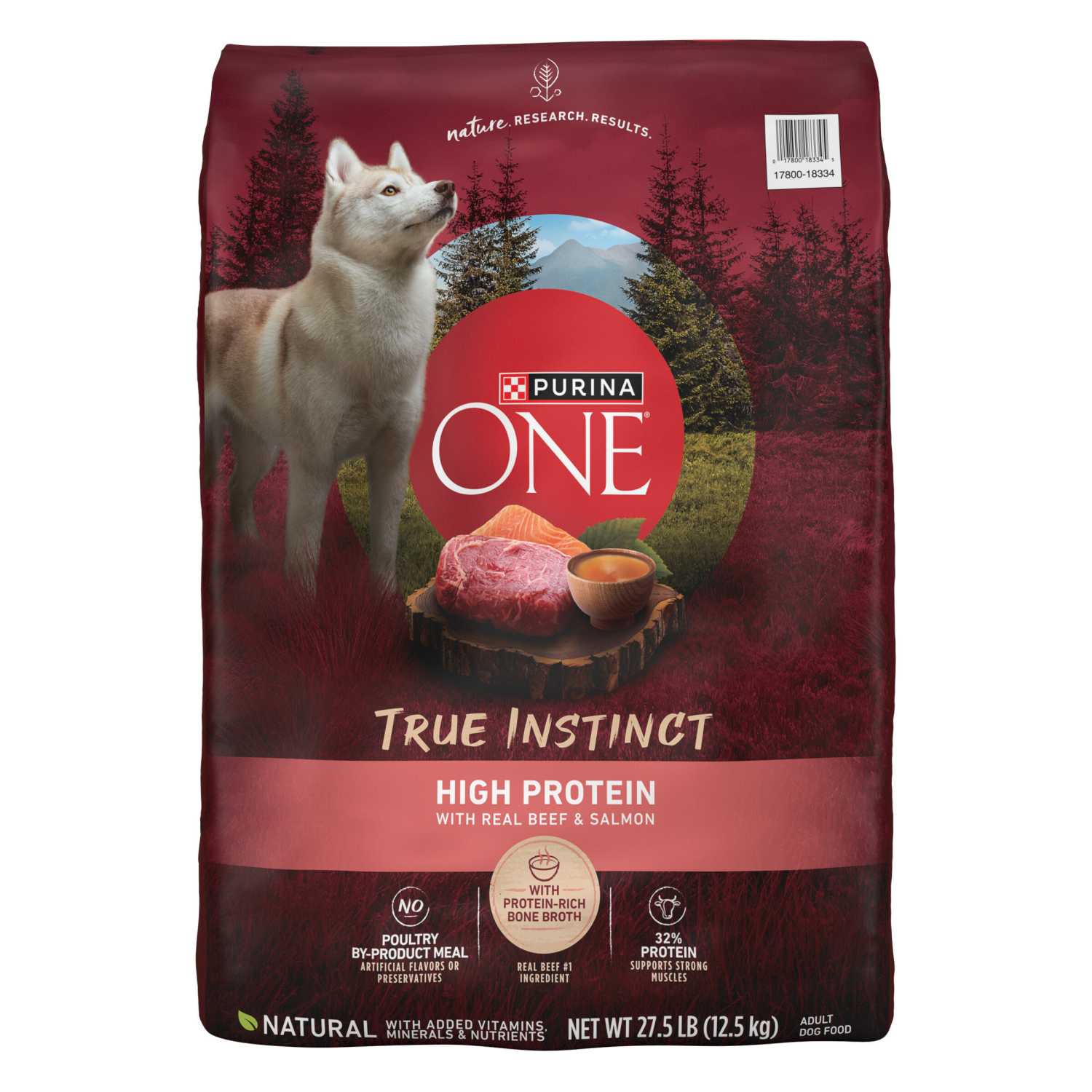 slide 1 of 8, Purina ONE ONE Purina ONE Natural High Protein Dry Dog Food Dry True Instinct with Real Beef and Salmon With Bone Broth and Added Vitamins, Minerals and Nutrients, 27.50 lb