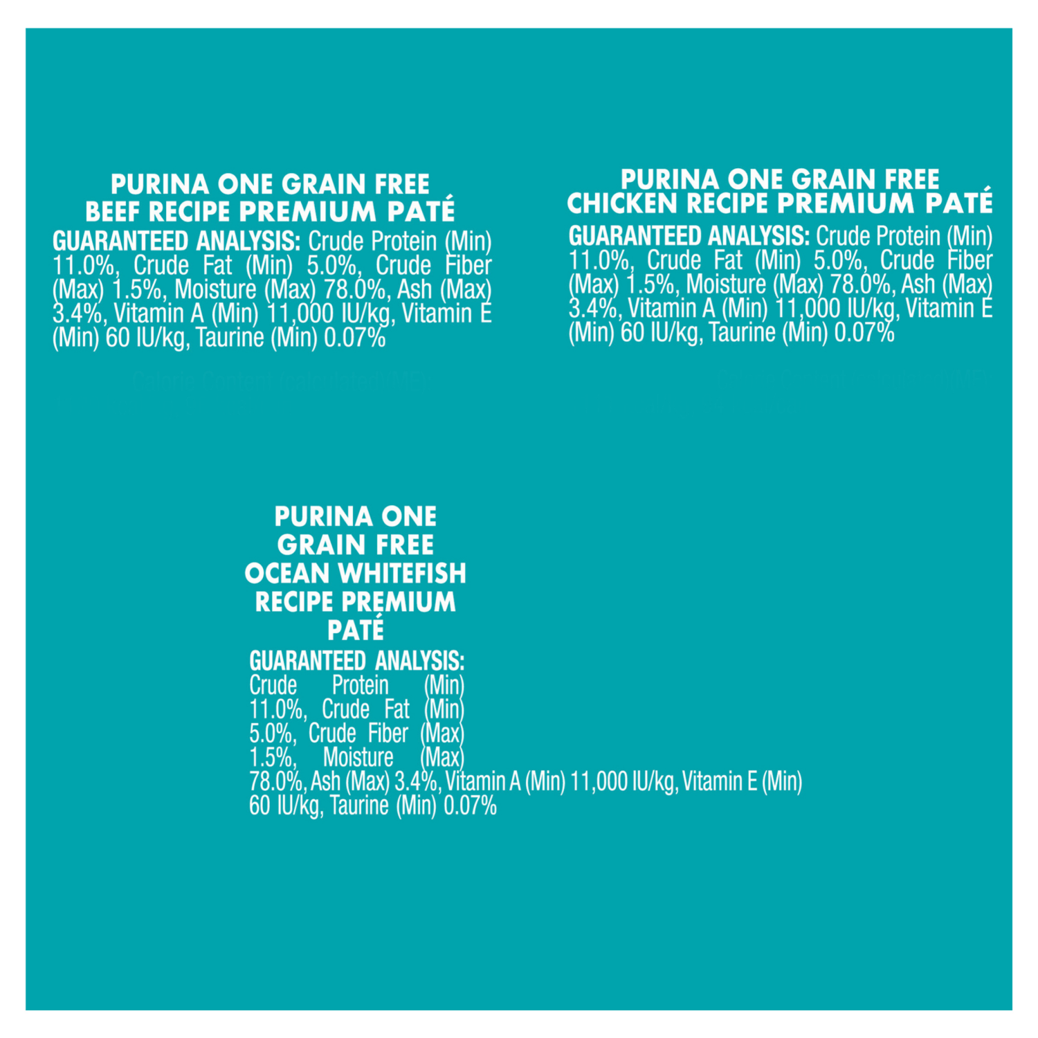slide 4 of 5, Purina ONE Grain Free, Natural Pate Wet Cat Food Variety Pack, Beef, Chicken and Ocean Whitefish Recipes - (12) 3 oz. Pull-Top Cans, 12 ct