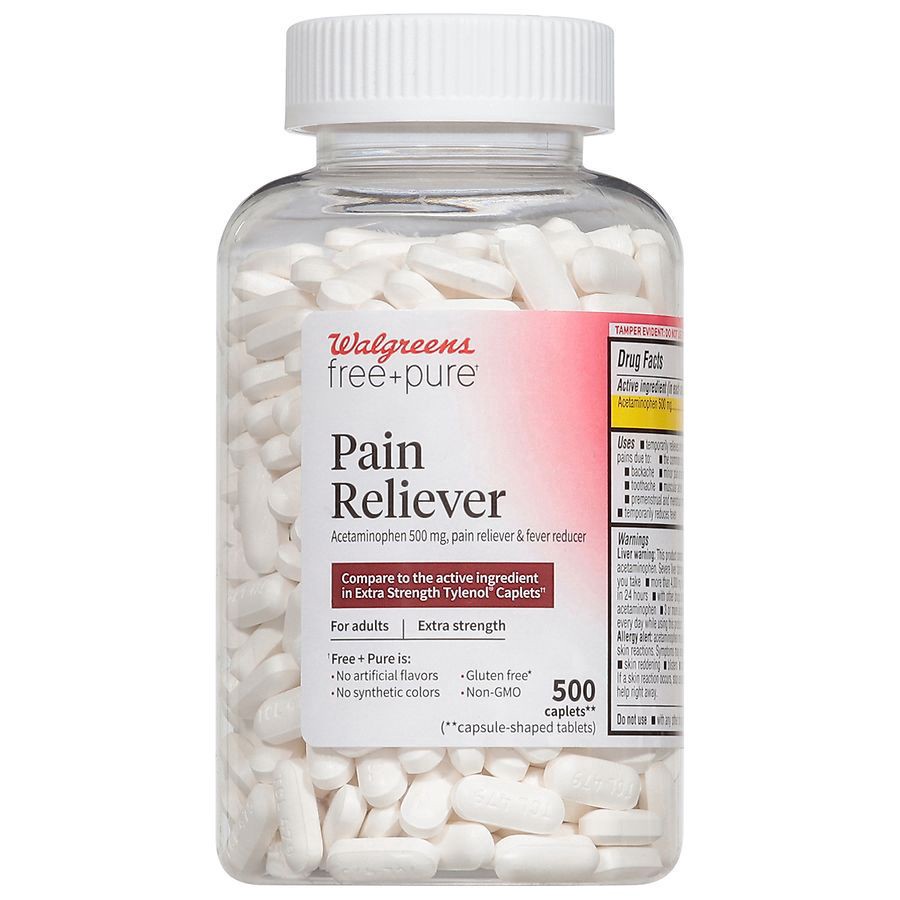 slide 1 of 3, Walgreens Free & Pure Pain Reliever Acetaminophen 500 mg Caplets, 500 ct
