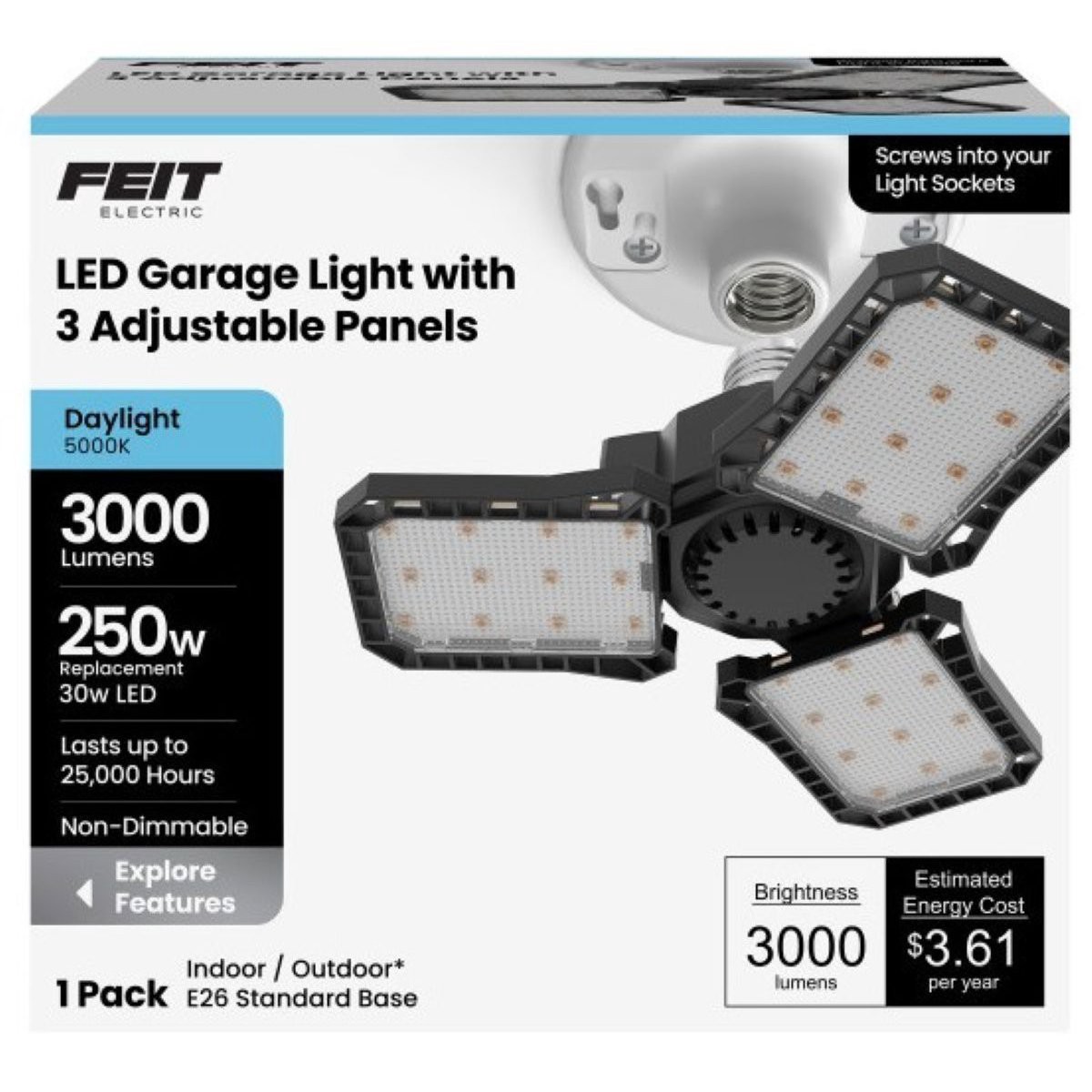 slide 1 of 1, Feit Electric LED Garage Light With 3 Adjustable Panels, 1 ct