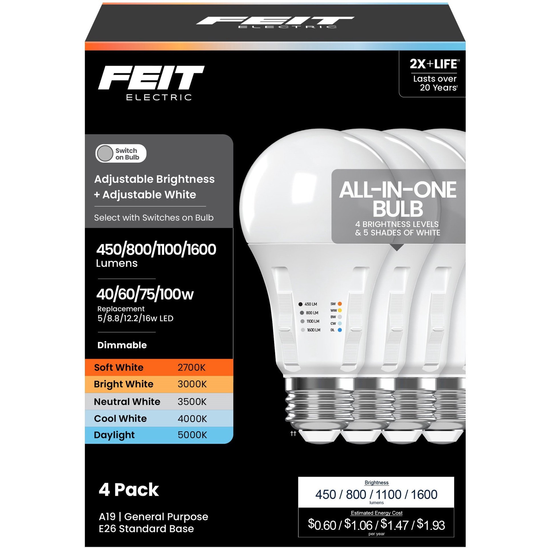 slide 1 of 1, Feit Electric Dimmable A19 LED Bulb, 4 ct