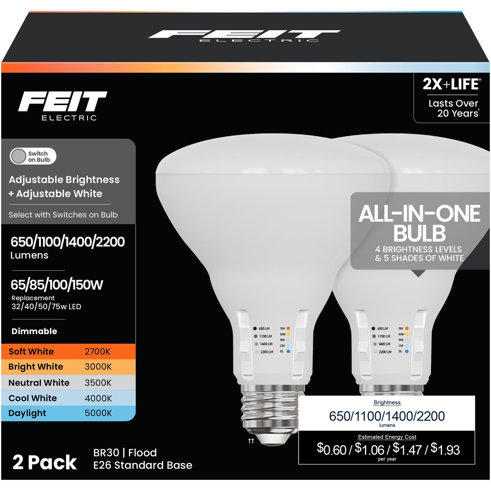 slide 1 of 1, Feit Electric Dimmable BR30 LED Flood Bulb, 2 ct