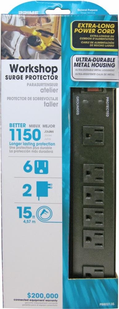 slide 1 of 1, Prime Wire & Cable 6-Outlet Metal Surge Protector - 1150 Joule - 15 Foot - Black, 15 ft