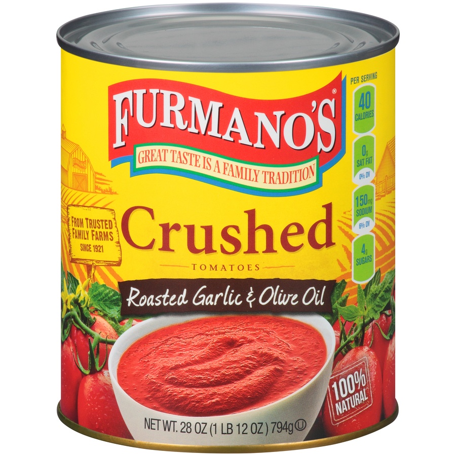 slide 1 of 1, Furmano's Crushed Tomatoes with Roasted Garlic and Olive Oil, 28 oz