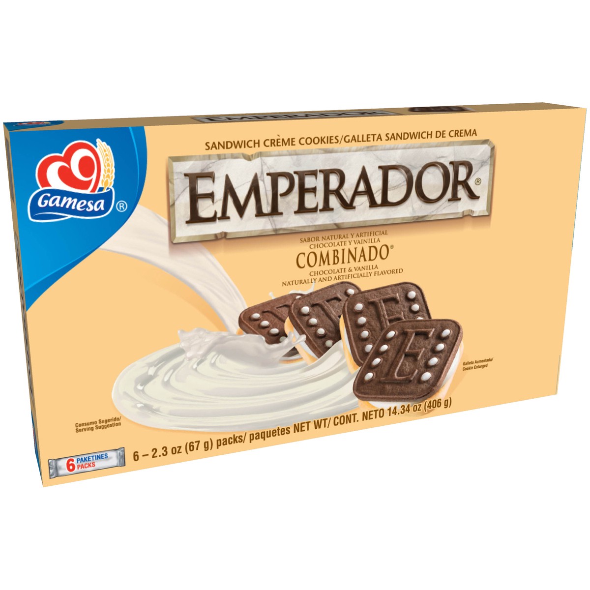 slide 2 of 6, Gamesa Emperador Sandwich Crème Cookies Chocolate And Vanilla Naturally And Artificially Flavored 2.3 Oz 6 Count, 14.3 oz
