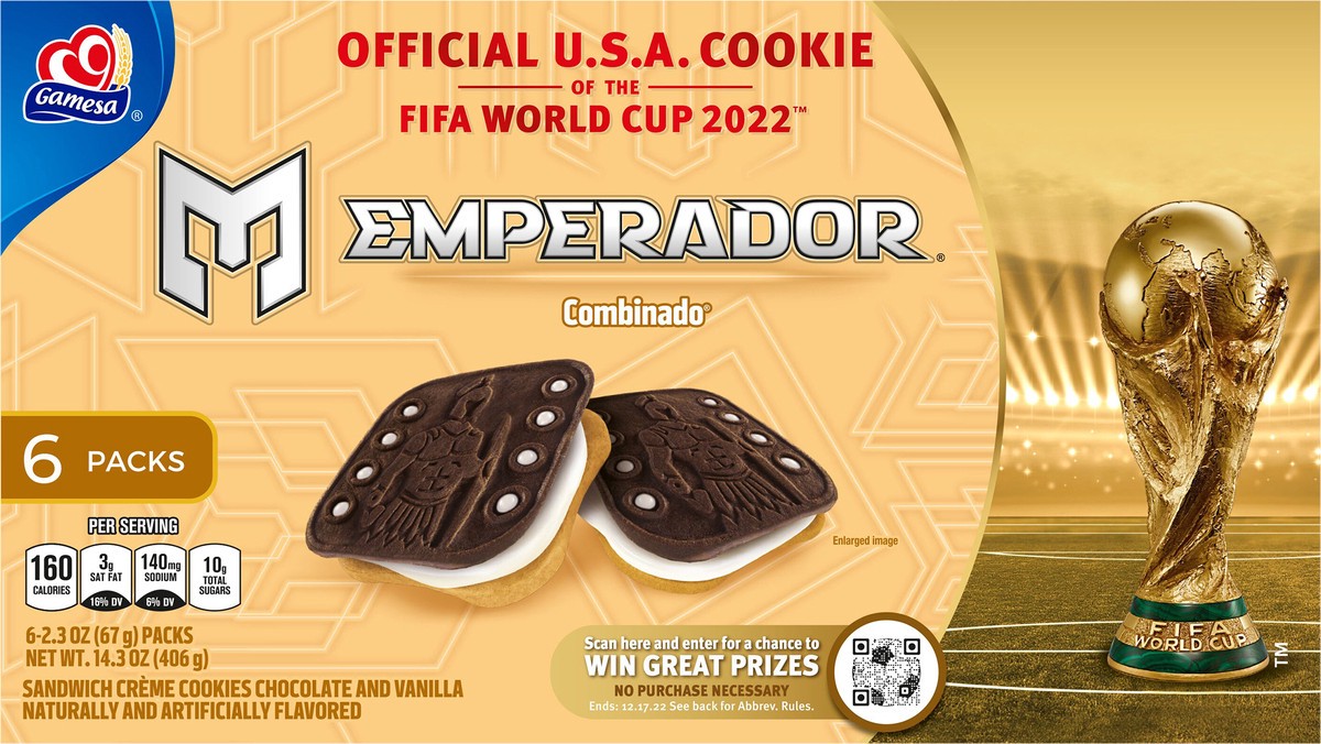 slide 4 of 6, Gamesa Emperador Sandwich Crème Cookies Chocolate And Vanilla Naturally And Artificially Flavored 2.3 Oz 6 Count, 14.3 oz