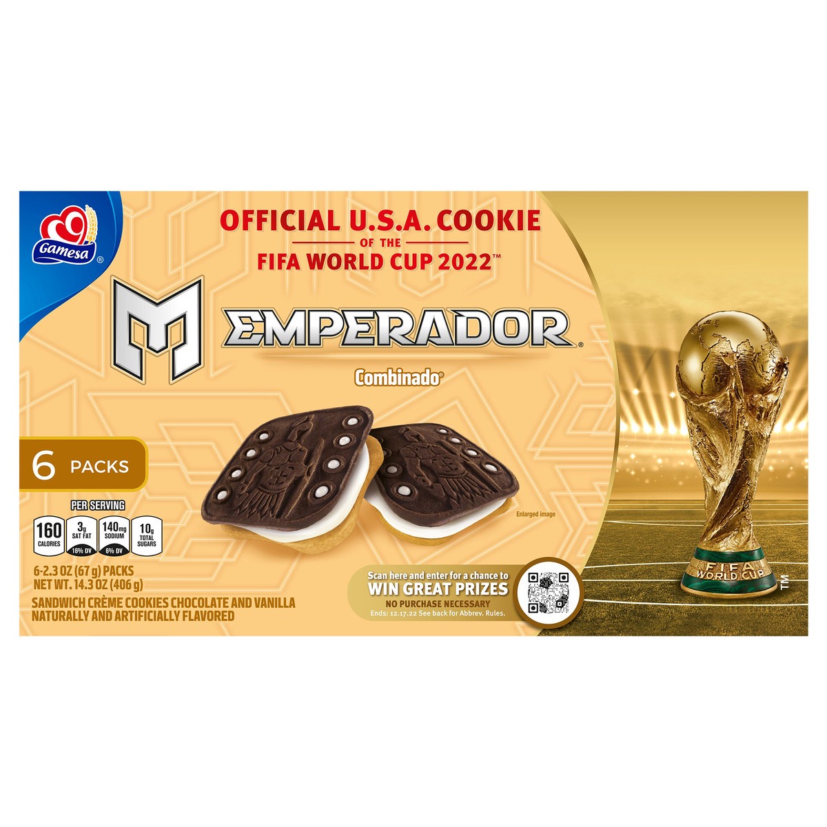 slide 1 of 6, Gamesa Emperador Sandwich Crème Cookies Chocolate And Vanilla Naturally And Artificially Flavored 2.3 Oz 6 Count, 14.3 oz