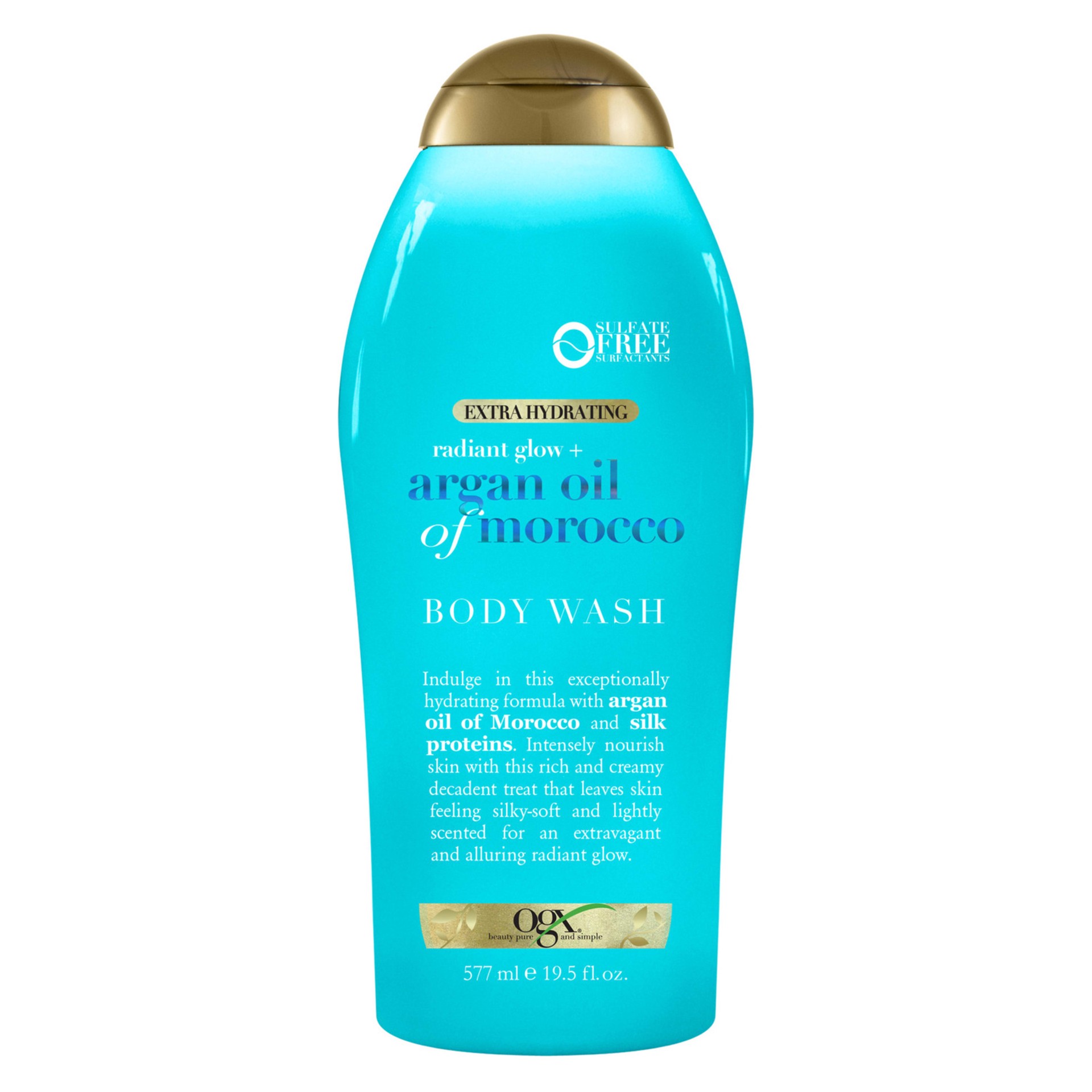 slide 1 of 9, OGX Radiant Glow + Argan Oil of Morocco Extra Hydrating Body Wash for Dry Skin, Moisturizing Gel Body Cleanser for Silky Soft Skin, Paraben-Free, Sulfate-Free Surfactants, 19.5 Fl Oz, 19.50 fl oz