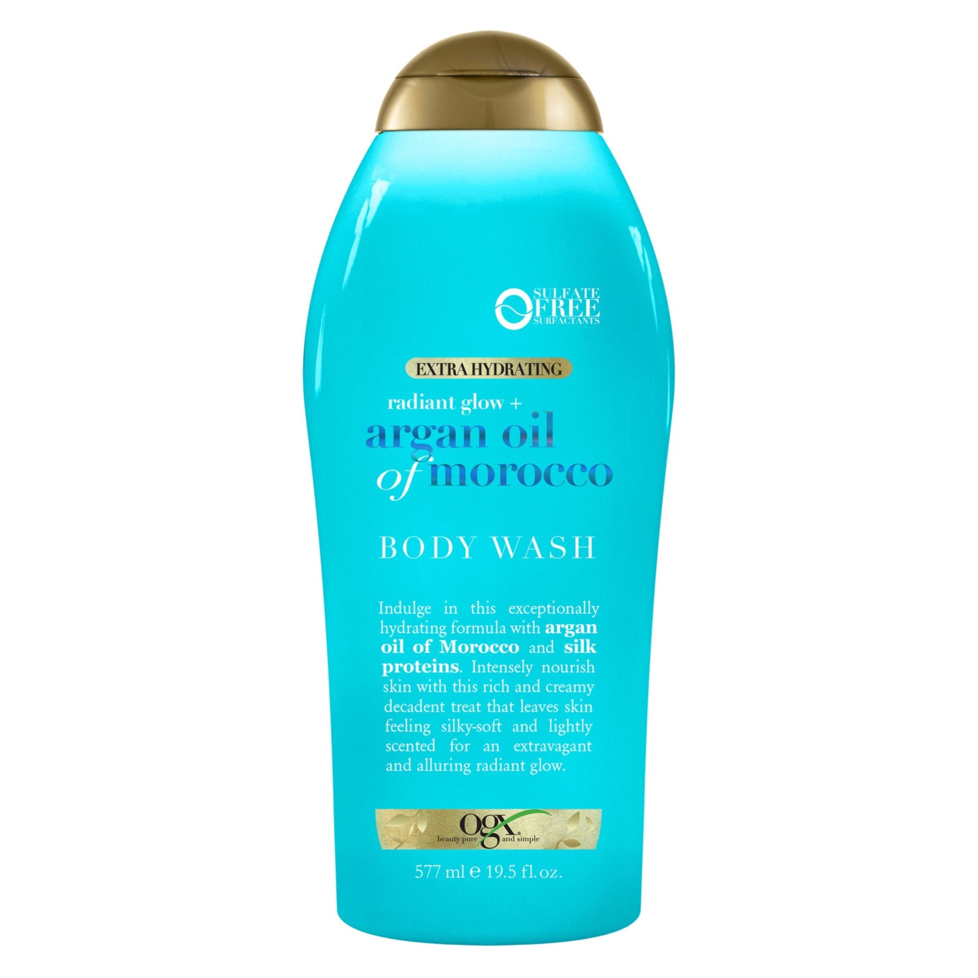 slide 1 of 9, OGX Radiant Glow + Argan Oil of Morocco Extra Hydrating Body Wash for Dry Skin, Moisturizing Gel Body Cleanser for Silky Soft Skin, Paraben-Free, Sulfate-Free Surfactants, 19.5 Fl Oz, 19.50 fl oz